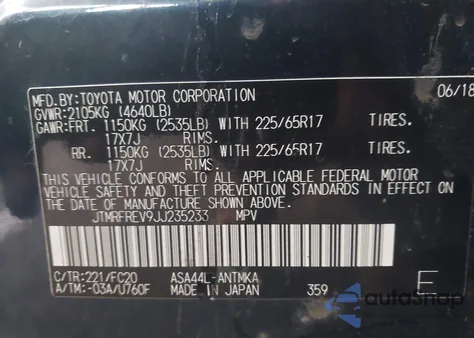 2018 Toyota Rav4 Adventure/Xle z USA, uszkodzony, nr VIN JTMRFREV9JJ235233